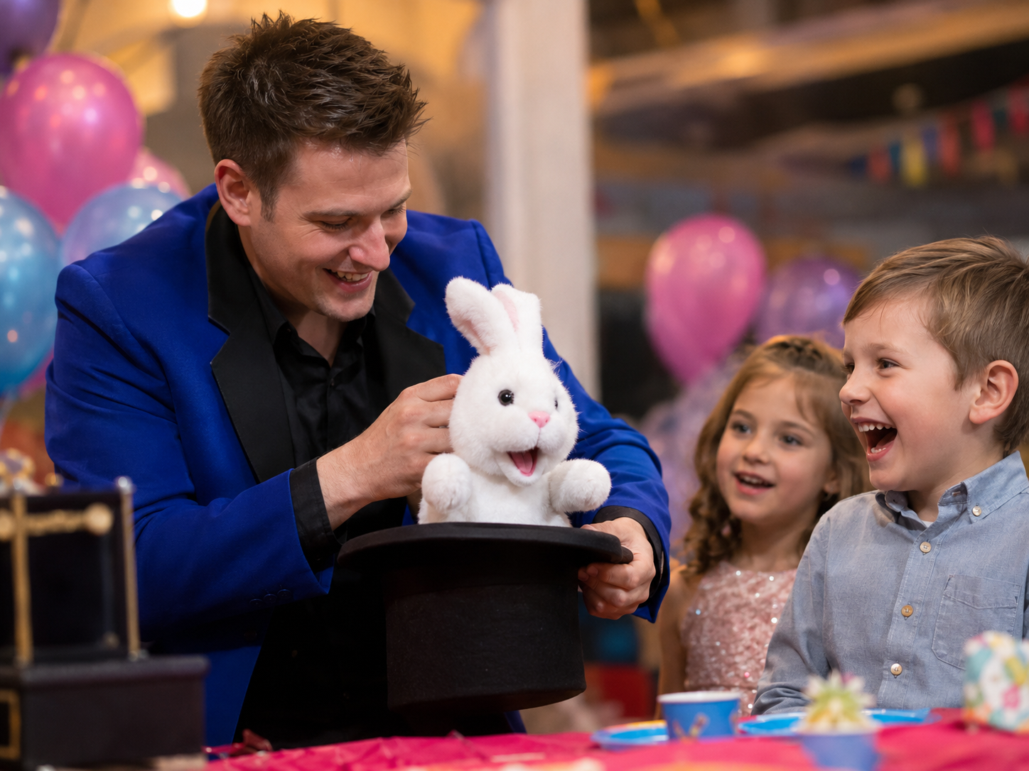 Milo making a birthday child laugh with a magic trick