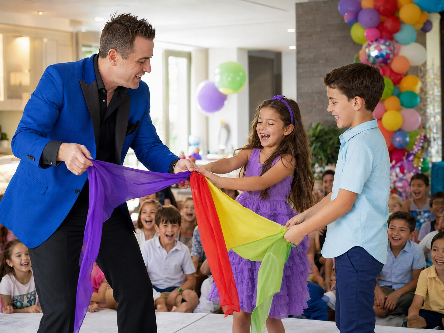 Children helping Milo with a colorful magic trick