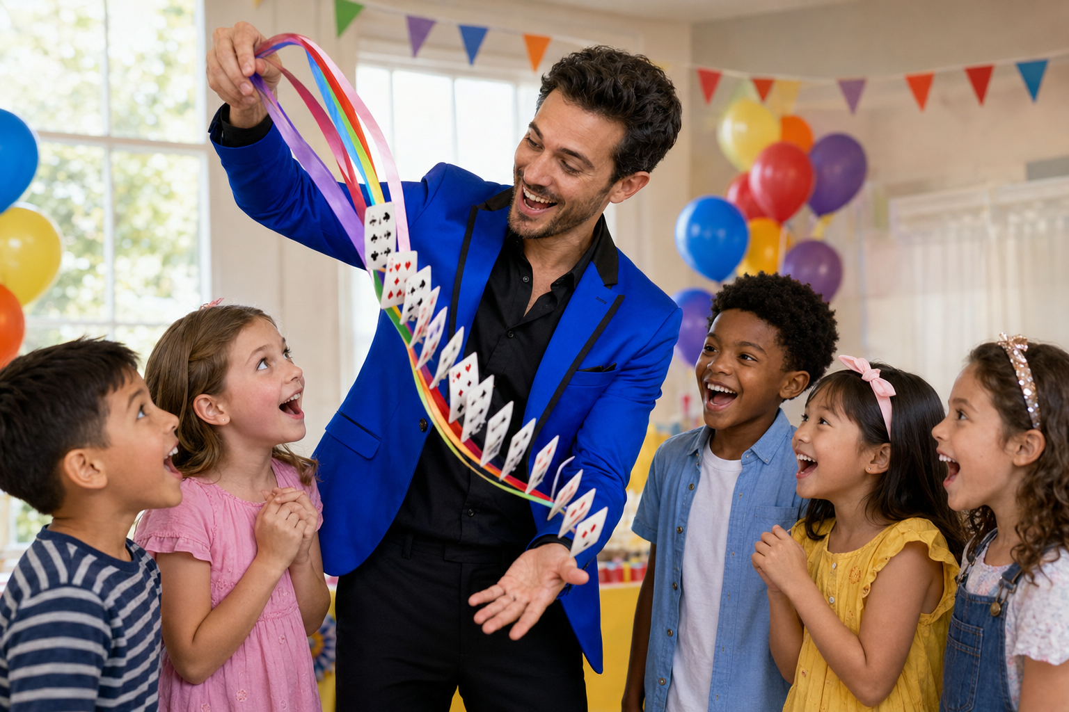 Milo performing an exciting magic trick for delighted children